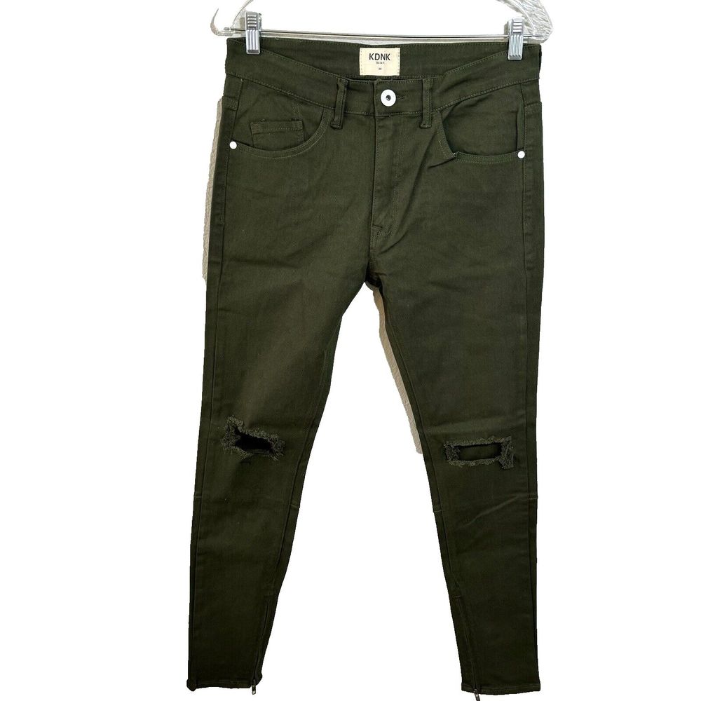 KDNK Jeans Womens 30 Olive Distressed Ripped Destroyed Goth Zipper‎ Skinny Denim
